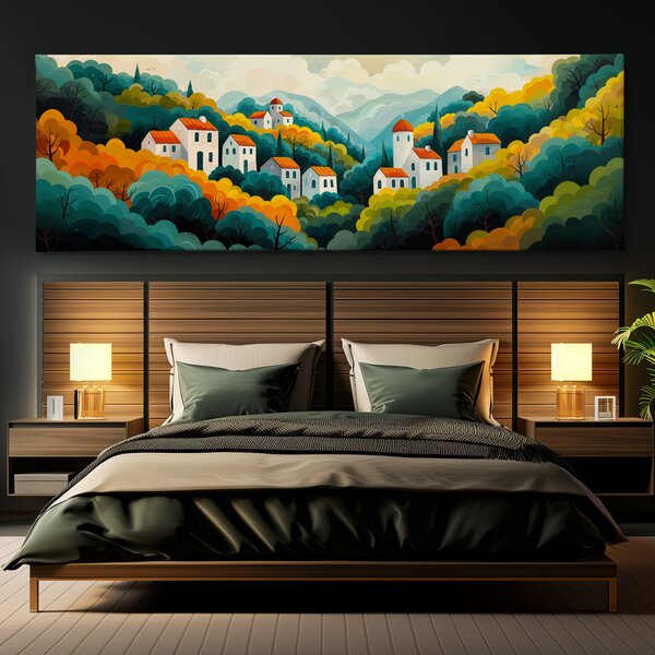 Obraz na plátně - Lesní údolí s vískou Alambra FeelHappy.cz Velikost obrazu (šířka x výška): 120 x 40 cm