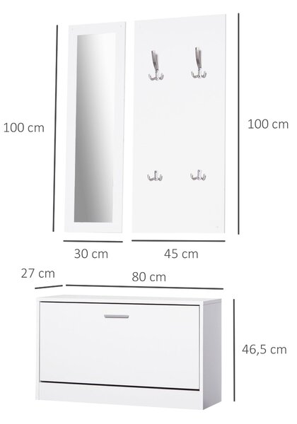 HOMCOM Sada nábytku do předsíně 3 kusy - botník, zrcadlo a věšák s 4 háčky na oblečení 80x27x46,5 cm Bílá | Aosom