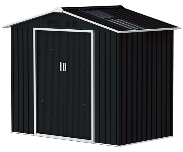 Zahradní shed Outsunny 2,42m² s posílenou základnou bez podlahy 213x130x185 cm s posuvnými dveřmi a střešním oknem 4 okna pro skladování nářadí Tmavě