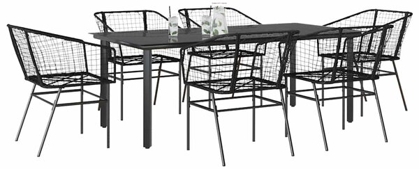 7dílný zahradní jídelní set černý polyratan sklo 3334588