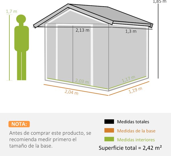 Zahradní shed Outsunny 2,42m² s posílenou základnou bez podlahy 213x130x185 cm s posuvnými dveřmi a střešním oknem 4 okna pro skladování nářadí Tmavě
