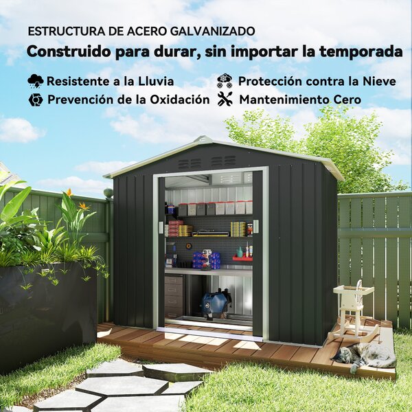 Zahradní shed Outsunny 2,42m² s posílenou základnou bez podlahy 213x130x185 cm s posuvnými dveřmi a střešním oknem 4 okna pro skladování nářadí Tmavě