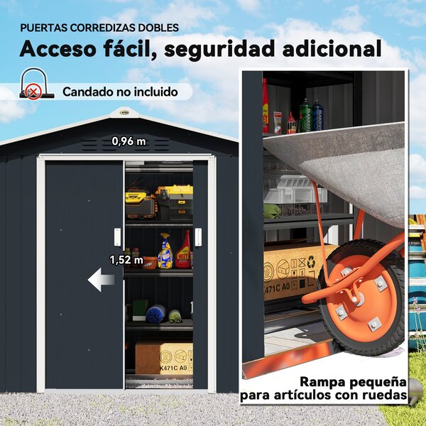 Zahradní shed Outsunny 2,42m² s posílenou základnou bez podlahy 213x130x185 cm s posuvnými dveřmi a střešním oknem 4 okna pro skladování nářadí Tmavě