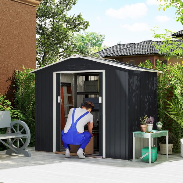 Zahradní shed Outsunny 2,42m² s posílenou základnou bez podlahy 213x130x185 cm s posuvnými dveřmi a střešním oknem 4 okna pro skladování nářadí Tmavě