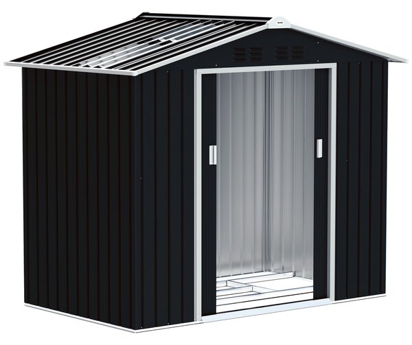 Zahradní shed Outsunny 2,42m² s posílenou základnou bez podlahy 213x130x185 cm s posuvnými dveřmi a střešním oknem 4 okna pro skladování nářadí Tmavě
