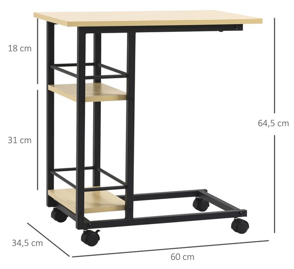 HOMCOM Postranní stolek na kolečkách ve tvaru C pro pohovku s 2 policemi a brzdami do ložnice a obývacího pokoje Moderní styl 60x34,5x64,5 cm Přírodní