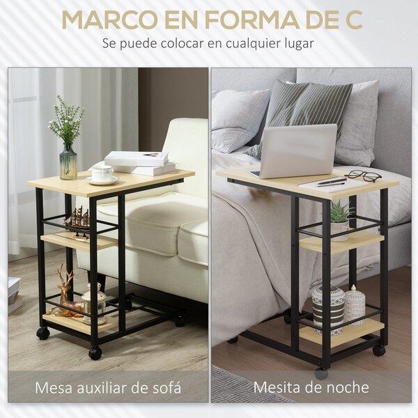 HOMCOM Postranní stolek na kolečkách ve tvaru C pro pohovku s 2 policemi a brzdami do ložnice a obývacího pokoje Moderní styl 60x34,5x64,5 cm Přírodní