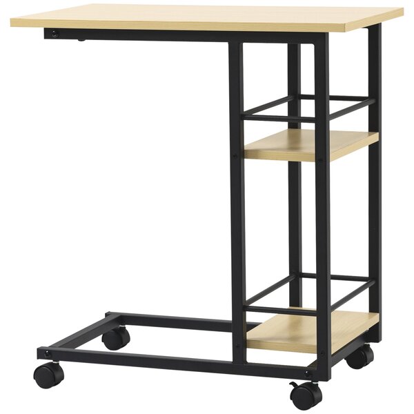 HOMCOM Postranní stolek na kolečkách ve tvaru C pro pohovku s 2 policemi a brzdami do ložnice a obývacího pokoje Moderní styl 60x34,5x64,5 cm Přírodní
