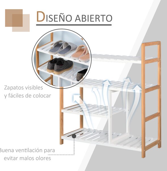 HOMCOM 4-Úrovňový Víceúčelový Stojan na Boty pro Až 11 Párů s Komorou na Vysoké Boty z Masivního Borového Dřeva 68x26x78 cm Bílý | Aosom