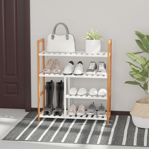 HOMCOM 4-Úrovňový Víceúčelový Stojan na Boty pro Až 11 Párů s Komorou na Vysoké Boty z Masivního Borového Dřeva 68x26x78 cm Bílý | Aosom