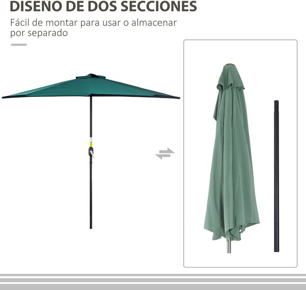 Outsunny Slunečník 270x137x236 cm Zahradní Parasol s Kličkou a Polokruhovým Tvarem pro Terasu, Patio a Bazén Zelený | Aosom