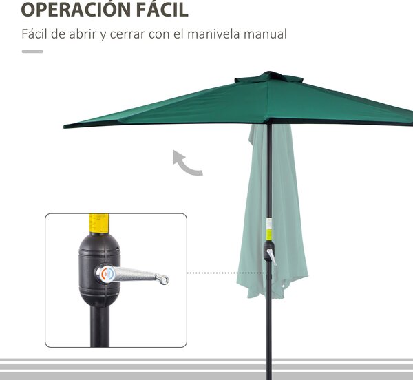 Outsunny Slunečník 270x137x236 cm Zahradní Parasol s Kličkou a Polokruhovým Tvarem pro Terasu, Patio a Bazén Zelený | Aosom
