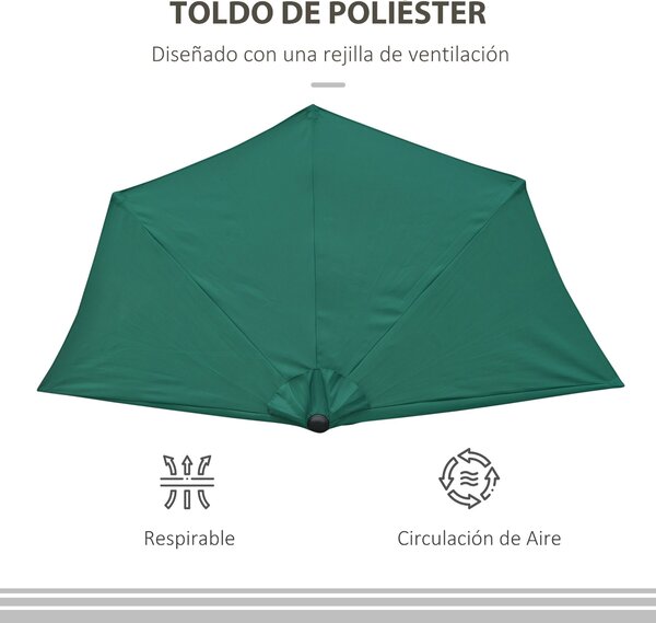 Outsunny Slunečník 270x137x236 cm Zahradní Parasol s Kličkou a Polokruhovým Tvarem pro Terasu, Patio a Bazén Zelený | Aosom