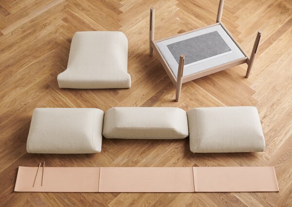 Dive, Čalounění SOIL Stone Blue, Povrchy Dub olejovaný, Provedení zad Kůže Cognac Bolia