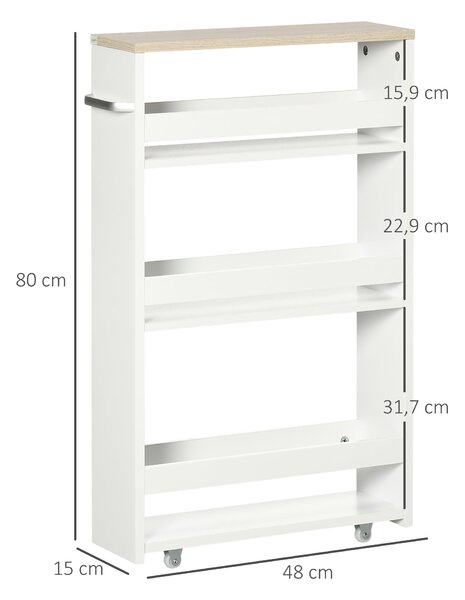 Kleankin 3-patrový úzký koupelnový regál se bočním madlem a kolečky pro kuchyň a obývací pokoj, moderní styl 48x15x80 cm Bílý | Aosom
