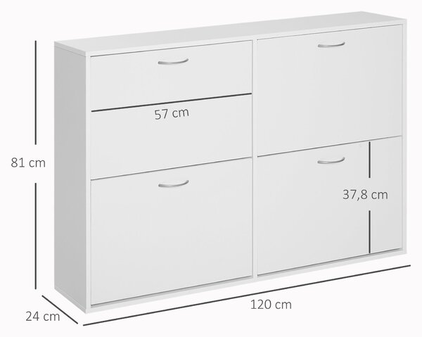 HOMCOM Bílý botník Moderní organizér na boty se 4 výklopnými šuplíky a nastavitelnými policemi pro 16-24 párů bot do předsíně 120x24x81 cm | Aosom