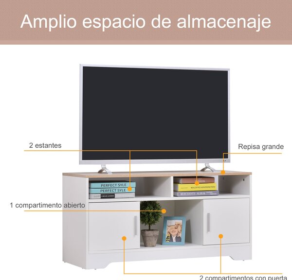HOMCOM TV Skříňka pro Obývací Pokoj s Velkým Úložným Prostorem, Otevřené Police, Správa Kabelů, Klasický Design 105x40x52 cm Bílá | Aosom