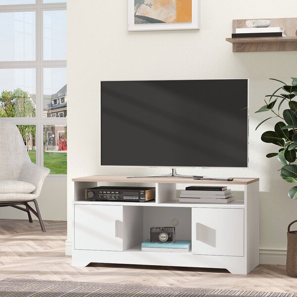 HOMCOM TV Skříňka pro Obývací Pokoj s Velkým Úložným Prostorem, Otevřené Police, Správa Kabelů, Klasický Design 105x40x52 cm Bílá | Aosom