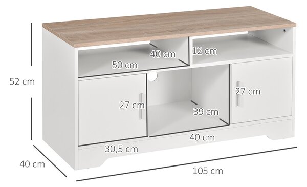 HOMCOM TV Skříňka pro Obývací Pokoj s Velkým Úložným Prostorem, Otevřené Police, Správa Kabelů, Klasický Design 105x40x52 cm Bílá | Aosom