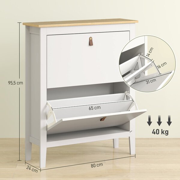 HOMCOM Úzký botník do předsíně s 2 skládacími zásuvkami, nastavitelnými policemi a PU úchopy pro 14 párů bot 80x24x95,5 cm Bílý | Aosom