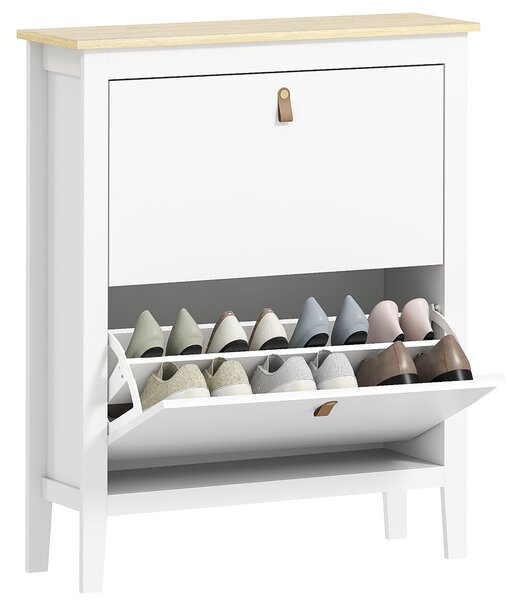 HOMCOM Úzký botník do předsíně s 2 skládacími zásuvkami, nastavitelnými policemi a PU úchopy pro 14 párů bot 80x24x95,5 cm Bílý | Aosom