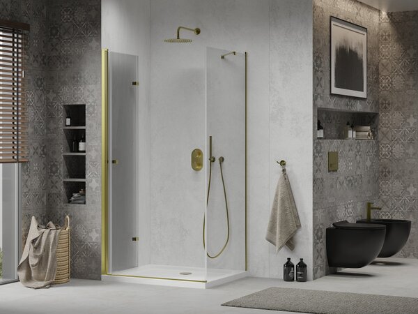 Mexen Lima sprchový kout 80x70cm, 6mm sklo, zlatý profil - čiré sklo + Slim sprchová vanička - 856-080-070-50-00-4010