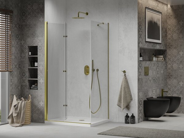Mexen Lima sprchový kout 80x70cm, 6mm sklo, zlatý profil - čiré sklo + Slim sprchová vanička - 856-080-070-50-00-4010