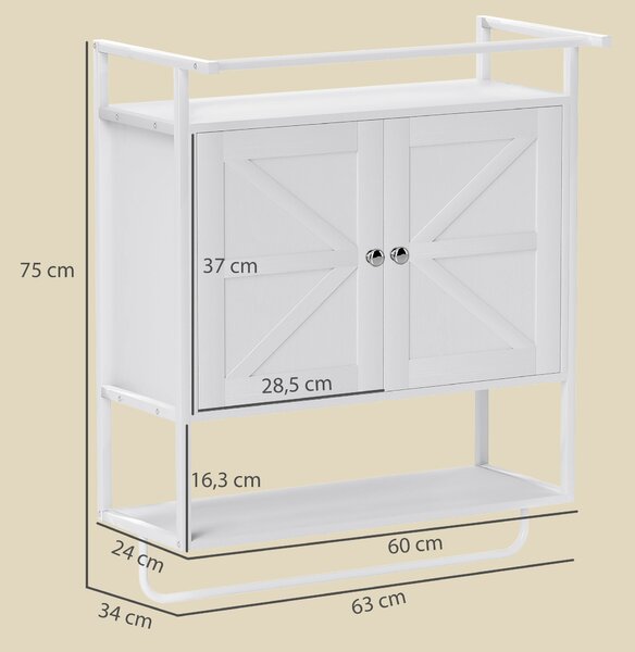 HOMCOM Závěsná skříňka do koupelny - Víceúčelová závěsná skříňka, úložná police a věšák na ručníky 63x34x75 cm Bílá | Aosom