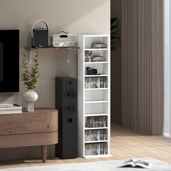 HOMCOM CD a DVD regál s 9 přihrádkami, úzký s nastavitelými policemi pro obývací pokoj a kancelář 33x24x140 cm Bílý | Aosom
