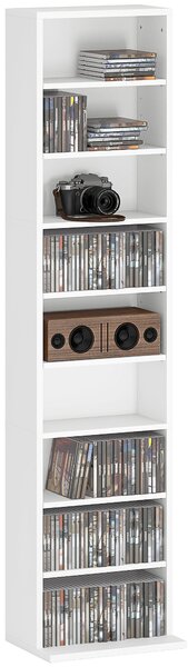 HOMCOM CD a DVD regál s 9 přihrádkami, úzký s nastavitelými policemi pro obývací pokoj a kancelář 33x24x140 cm Bílý | Aosom