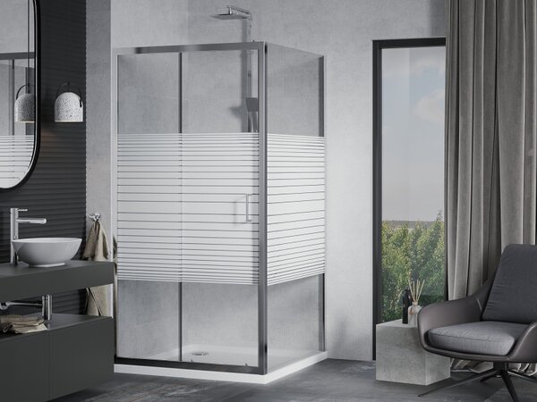 Mexen Apia posuvný sprchový kout 90 x 90 cm, 5mm sklo, chromový profil-čiré sklo/pásy + slim sprchová vanička 5cm, 840-090-090-01-20-4010