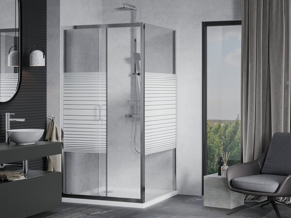 Mexen Apia posuvný sprchový kout 90 x 90 cm, 5mm sklo, chromový profil-čiré sklo/pásy + slim sprchová vanička 5cm, 840-090-090-01-20-4010