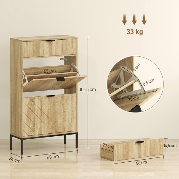 HOMCOM Úzká skříňka na boty se 2 dveřmi – Úložný prostor pro boty s zásuvkou a nastavitelnými policemi pro 8 párů bot 60x24x105,5 cm Dub | Aosom