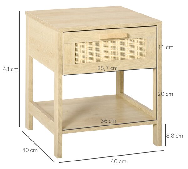 HOMCOM Noční stolek s ratanovou zásuvkou a dolní policí, nosnost 40 kg, pro ložnici a obývací pokoj, 40x40x48 cm, přírodní dřevo | Aosom