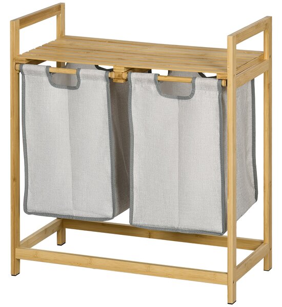 HOMCOM Bambusový koš na prádlo - Dvojnásobný koš na šaty se 2 odnímatelnými taškami a policí, nosnost 20 kg, 2x40,6L pro koupelnu a ložnici, 64x33x73
