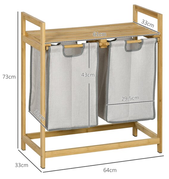 HOMCOM Bambusový koš na prádlo - Dvojnásobný koš na šaty se 2 odnímatelnými taškami a policí, nosnost 20 kg, 2x40,6L pro koupelnu a ložnici, 64x33x73
