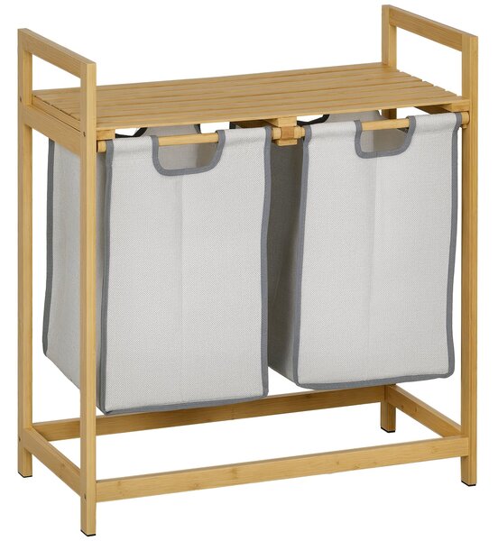 HOMCOM Bambusový koš na prádlo - Dvojnásobný koš na šaty se 2 odnímatelnými taškami a policí, nosnost 20 kg, 2x40,6L pro koupelnu a ložnici, 64x33x73