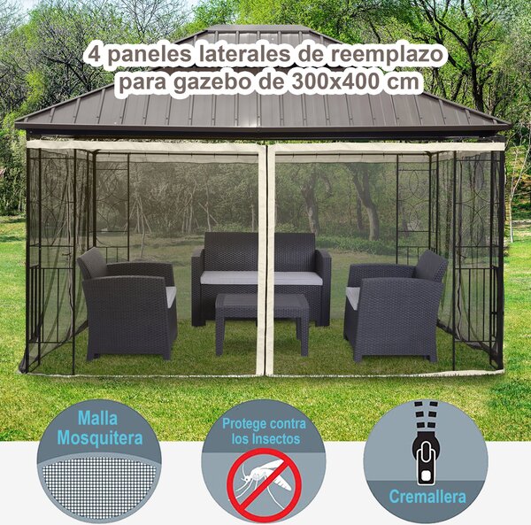 Outsunny 4 boční panely 3,5x2 m pro zahradní altán s mřížkou a zipem, černé | Aosom