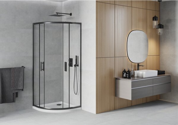 Mexen Rio, čtvrtkruhový sprchový kout 80 x 80 cm, 6mm čiré sklo, černý profil + bílá sprchová vanička, 863-080-080-70-00-4110B