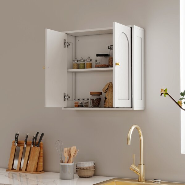 HOMCOM Koupelnová nástěnná skříňka, 2 dveře s obloukovým designem, zlatými úchyty, 60x20x60 cm, bílá | Aosom