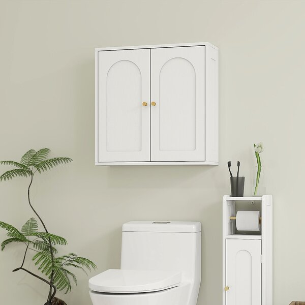 HOMCOM Koupelnová nástěnná skříňka, 2 dveře s obloukovým designem, zlatými úchyty, 60x20x60 cm, bílá | Aosom
