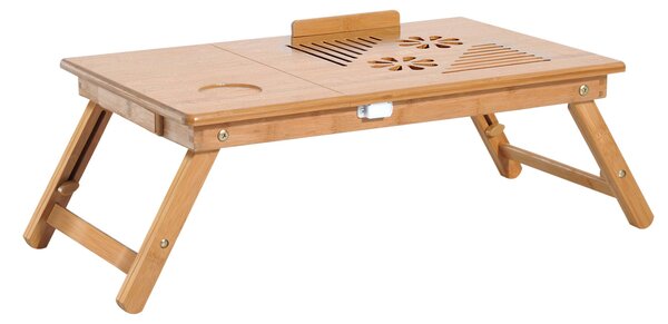 HOMCOM Bambusový stůl pro notebook, podnos na snídani, skládací, polohovatelný, nastavitelná výška, 1 zásuvka, 55x35x22-32,5 cm | Aosom