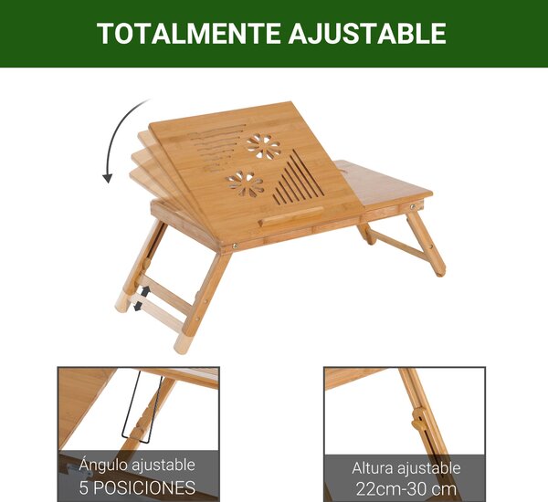 HOMCOM Bambusový stůl pro notebook, podnos na snídani, skládací, polohovatelný, nastavitelná výška, 1 zásuvka, 55x35x22-32,5 cm | Aosom