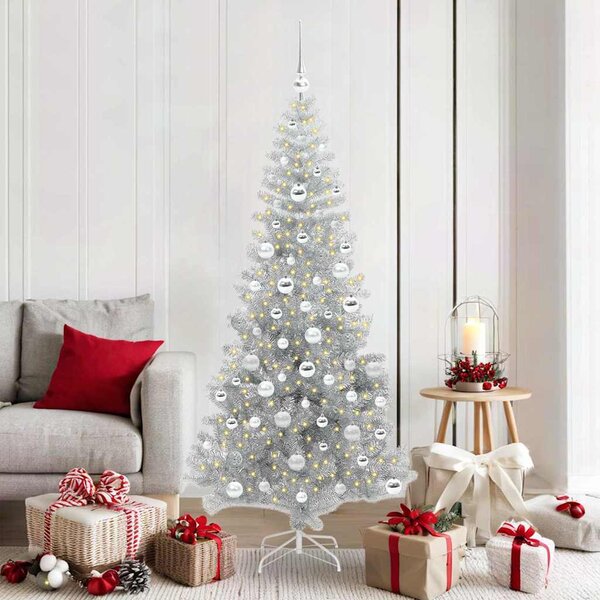 VidaXL Vánoční stromeček PVC, s 300 LED diodami a stříbrnými koulemi [3396492] Barva: Stříbrná, Velikost: 180 cm