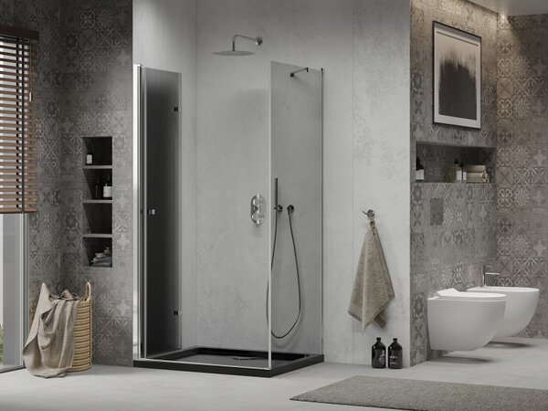 Mexen Lima, sprchový kout se skládacími dveřmi 100 (dveře) x 80 (stěna) cm, 6mm šedé sklo, chromový profil + slim sprchová vanička černá + chromový s…