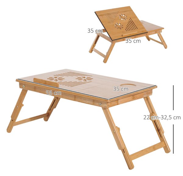 HOMCOM Bambusový stůl pro notebook, podnos na snídani, skládací, polohovatelný, nastavitelná výška, 1 zásuvka, 55x35x22-32,5 cm | Aosom