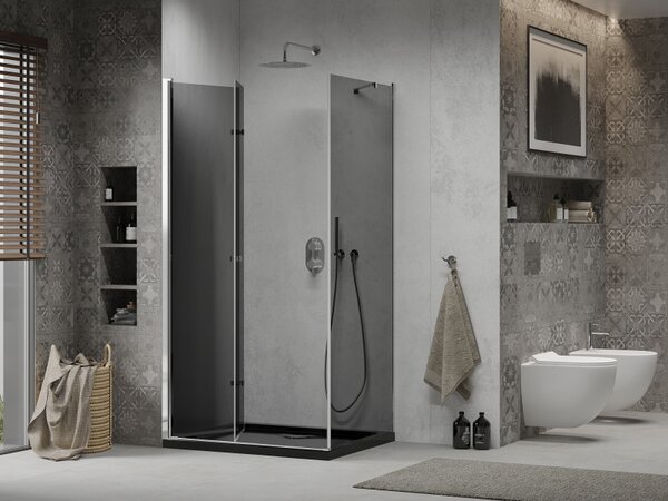 Mexen Lima, sprchový kout se skládacími dveřmi 100 (dveře) x 80 (stěna) cm, 6mm šedé sklo, chromový profil + slim sprchová vanička černá + chromový s…