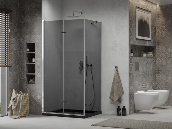 Mexen Lima, sprchový kout se skládacími dveřmi 100 (dveře) x 80 (stěna) cm, 6mm šedé sklo, chromový profil + slim sprchová vanička černá + chromový s…