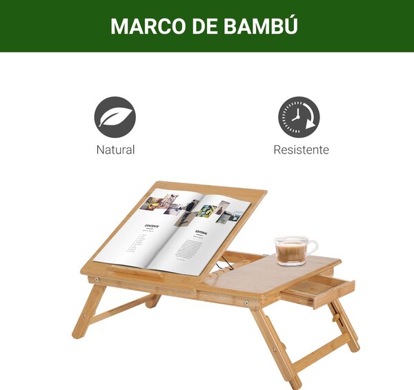 HOMCOM Bambusový stůl pro notebook, podnos na snídani, skládací, polohovatelný, nastavitelná výška, 1 zásuvka, 55x35x22-32,5 cm | Aosom