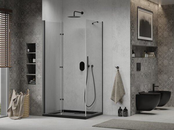 Mexen Lima, sprchový kout se skládacími dveřmi 100 (dveře) x 80 (stěna) cm, 6mm čiré sklo, černý profil + slim sprchová vanička černá s černým sifone…